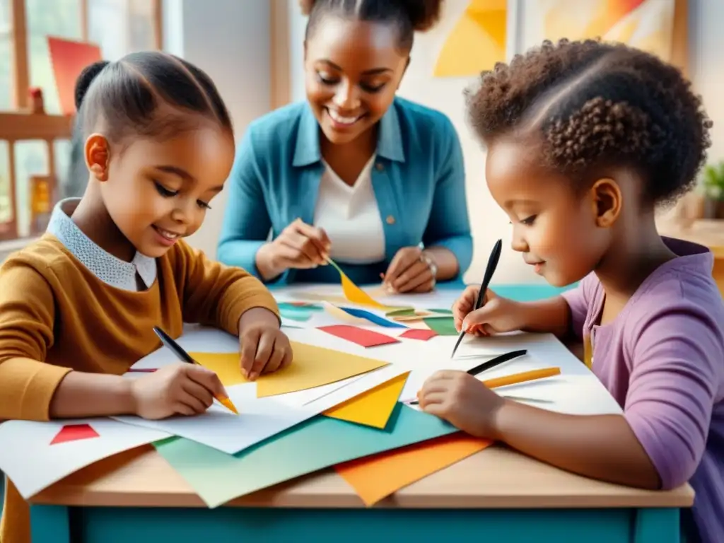 Grupo de niños diversos creando collages juntos, rodeados de papel y tijeras