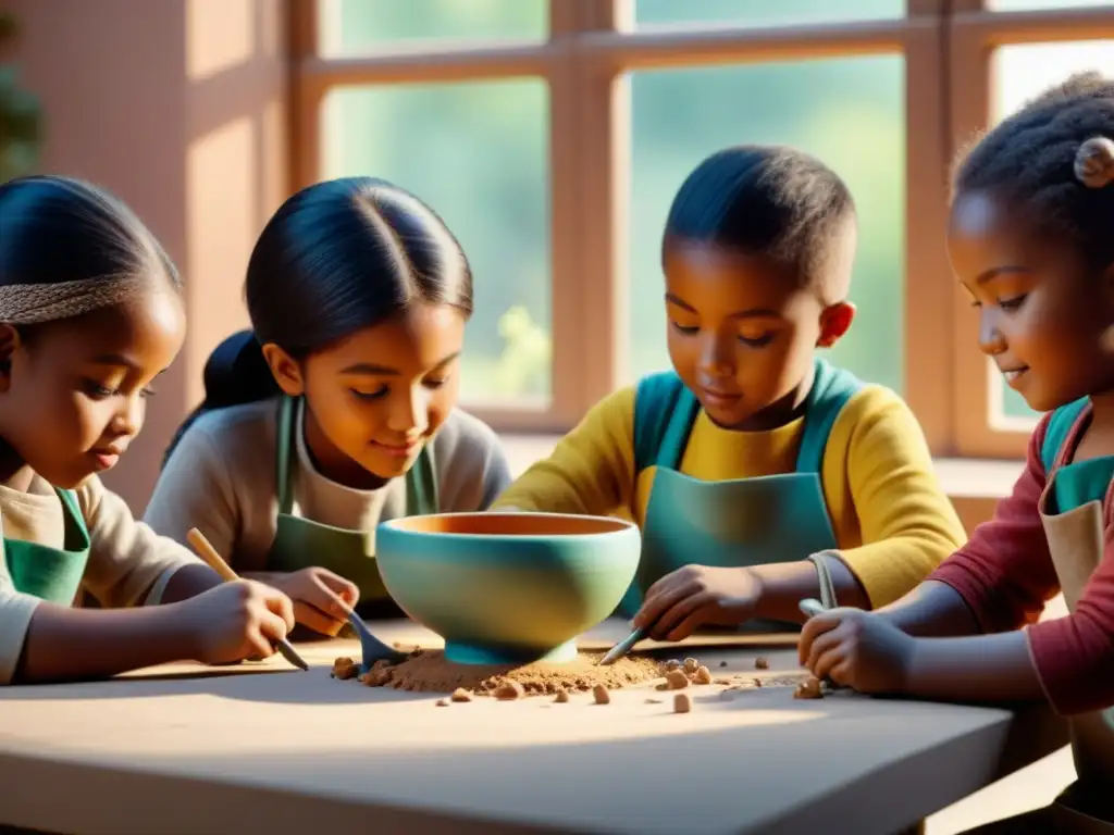 Un grupo de niños concentrados y felices creando piezas de cerámica únicas en una mesa