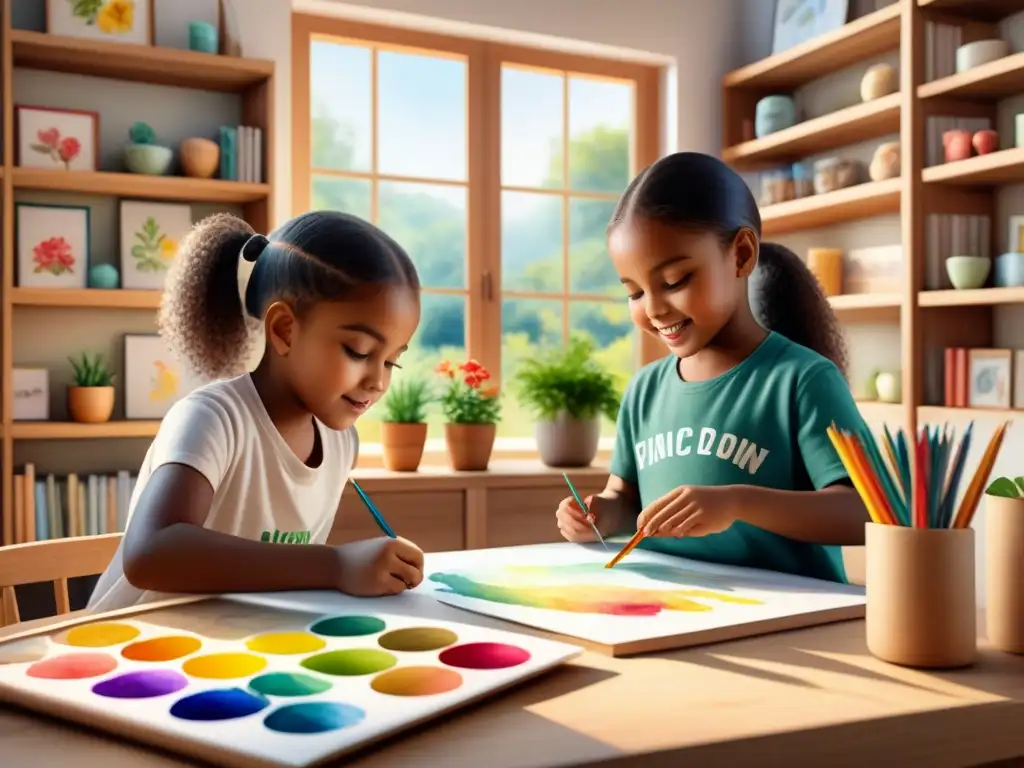 Un grupo de niños de diversas culturas crean arte colorido juntos en un estudio soleado, fomentando el desarrollo cognitivo a través del arte visual