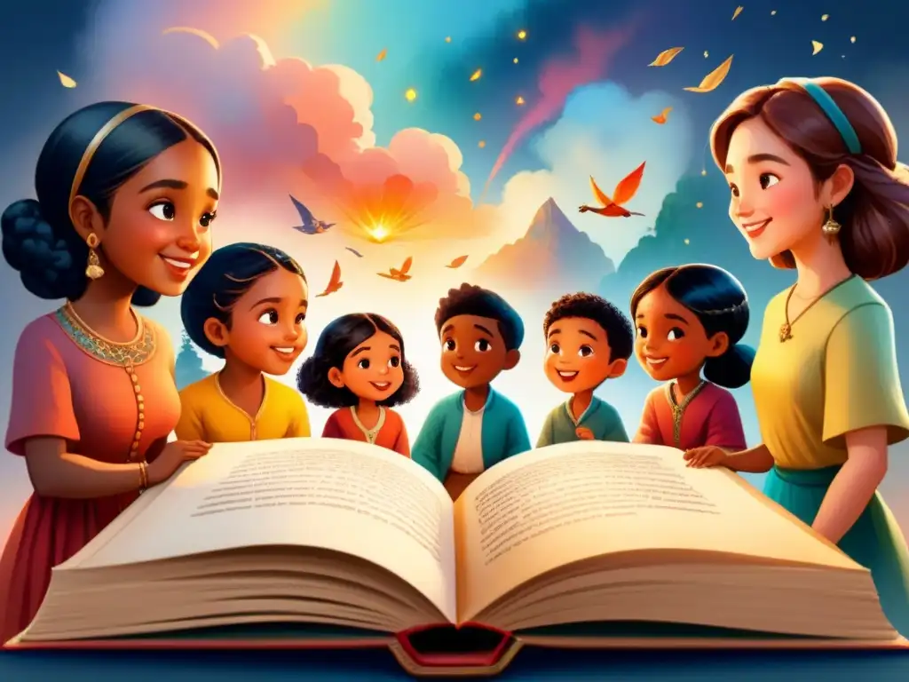 Un grupo de niños de diversas edades y etnias, admirando un libro antiguo con escenas coloridas y fantásticas