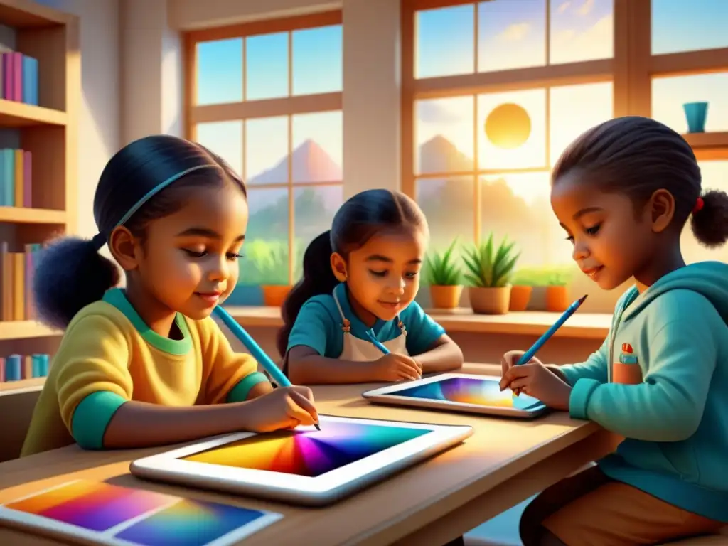 Un grupo de niños de diversas edades y etnias pintando arte digital juntos en un alegre salón de clases