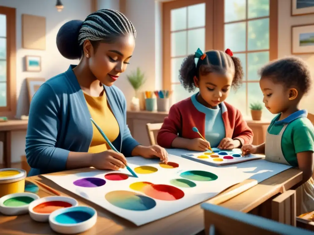 Un grupo de niños de diversas edades y orígenes crean arte juntos en un estudio soleado, rodeados de pinturas y papeles de colores