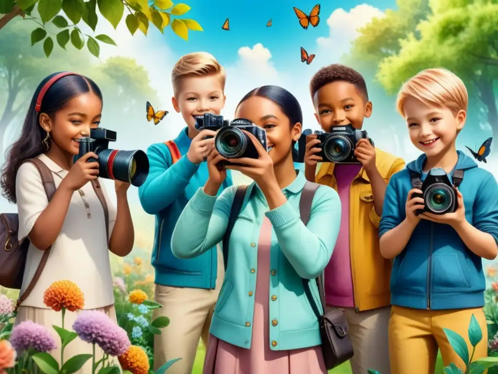 Un grupo de niños de diversas edades y orígenes, cada uno con una cámara, capturando la alegría y descubrimiento en la fotografía