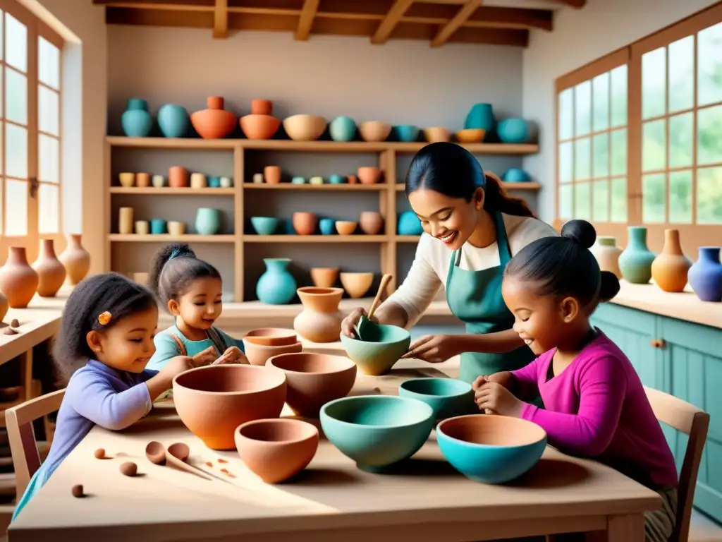 Un grupo de niños de diversas edades y orígenes disfrutan creando juntos en un taller de cerámica