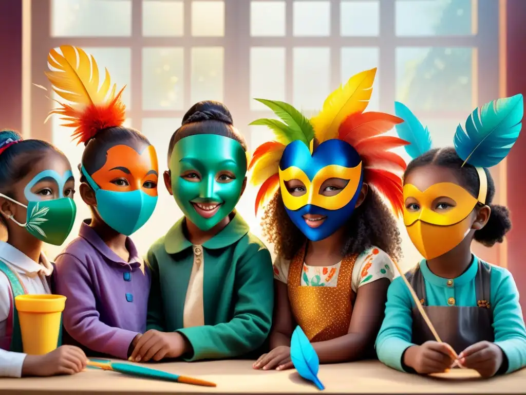 Un grupo de niños felices creando máscaras imaginativas con materiales coloridos