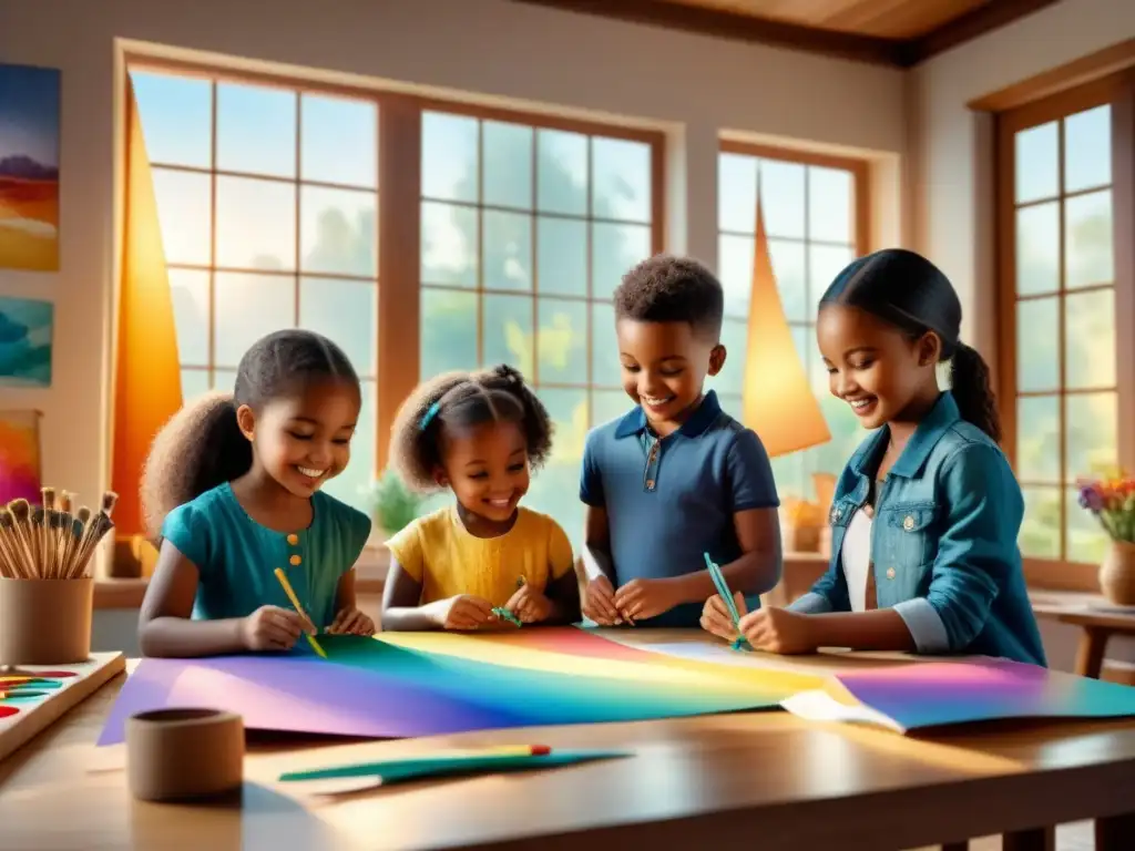 Un grupo de niños felices trabajando en proyectos artísticos con materiales reciclados, rodeados de colores y creatividad