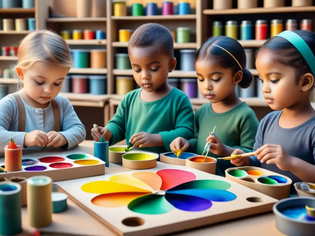 Grupo de niños inmersos en proyectos artísticos con materiales reciclados, rodeados de color y creatividad