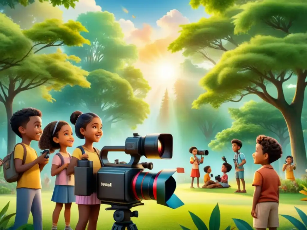 Un grupo de niños diversos filma una película juntos en un parque verde