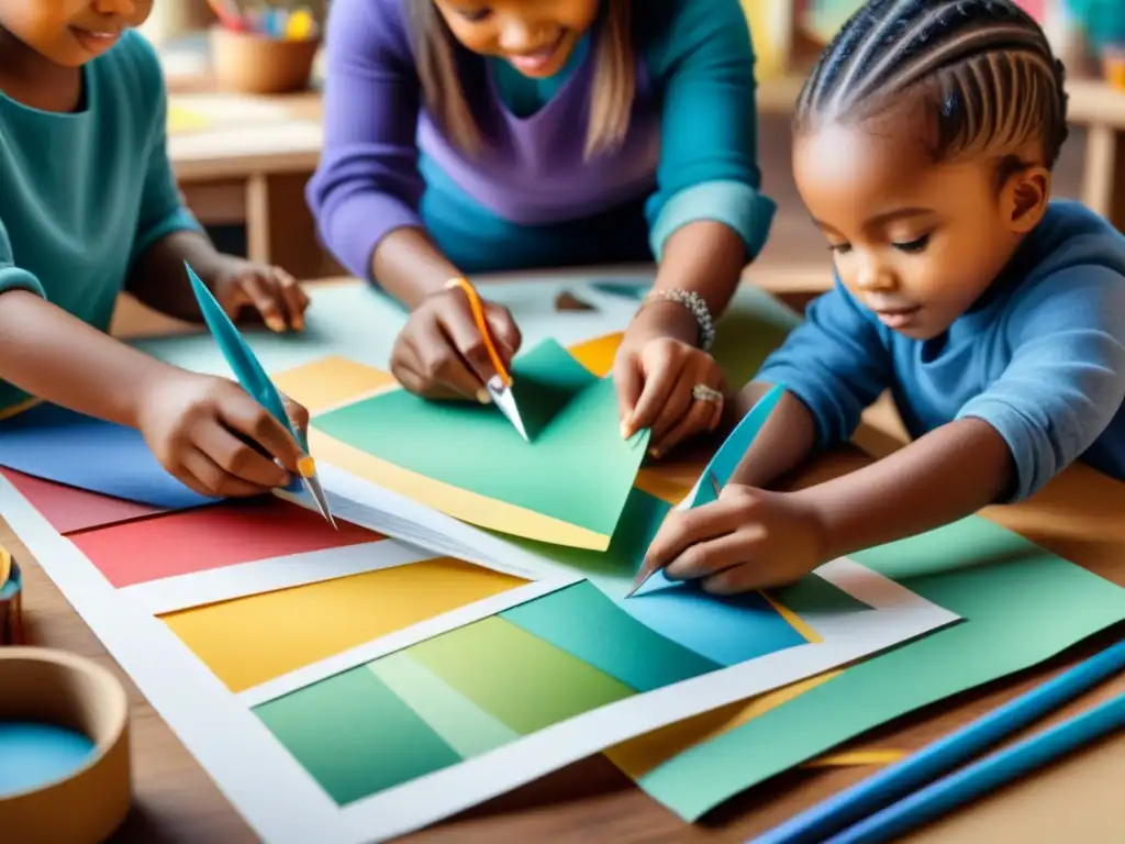 Un grupo de niños diversos colaborando felizmente en un proyecto de collage, resaltando la importancia del collage en creatividad