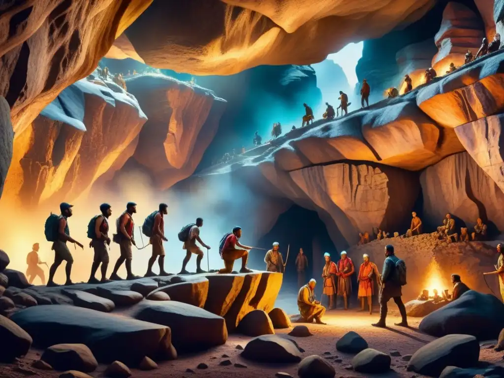 Arte rupestre prehistórico: creación en cueva Grupo de prehistóricos creando arte rupestre en cueva iluminada por antorchas, historia arte visual técnicas épocas