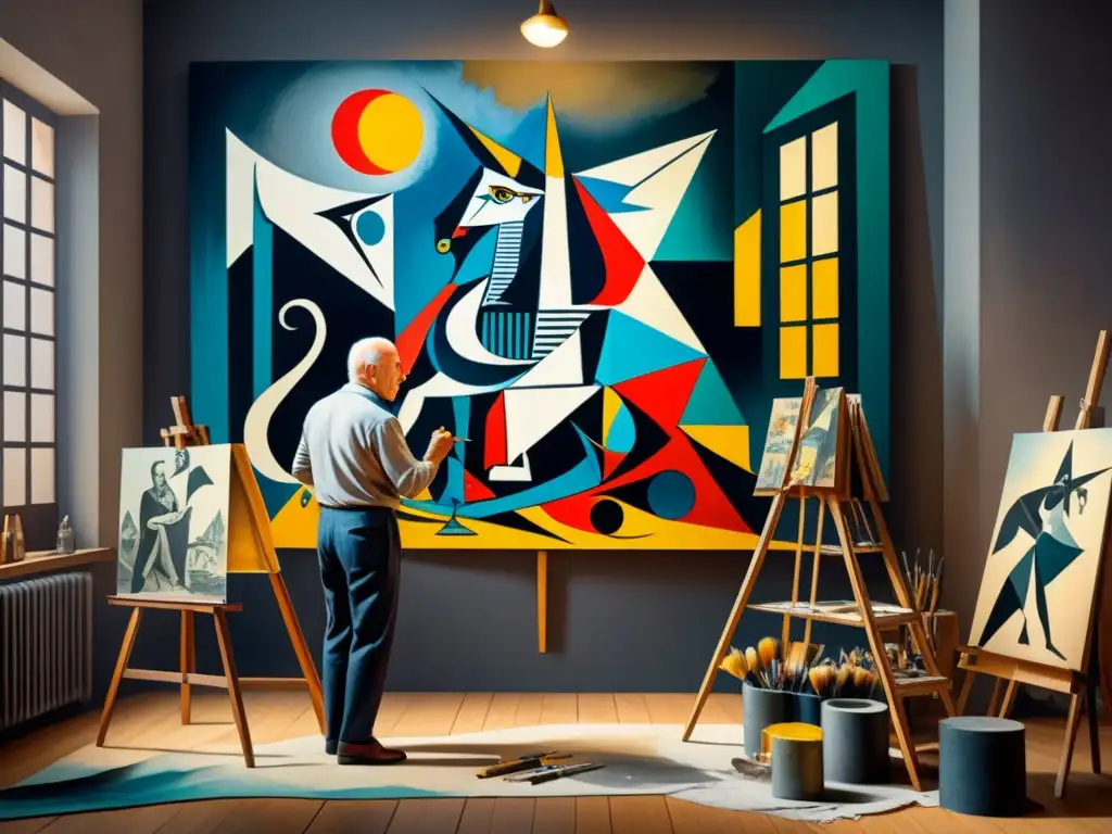 Pablo Picasso pintando 'Guernica' en su estudio, con colores vibrantes y ambiente sombrío