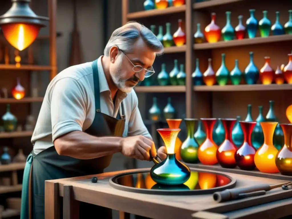 Un hábil artesano en su taller de soplado de vidrio, moldeando con precisión una escultura frágil