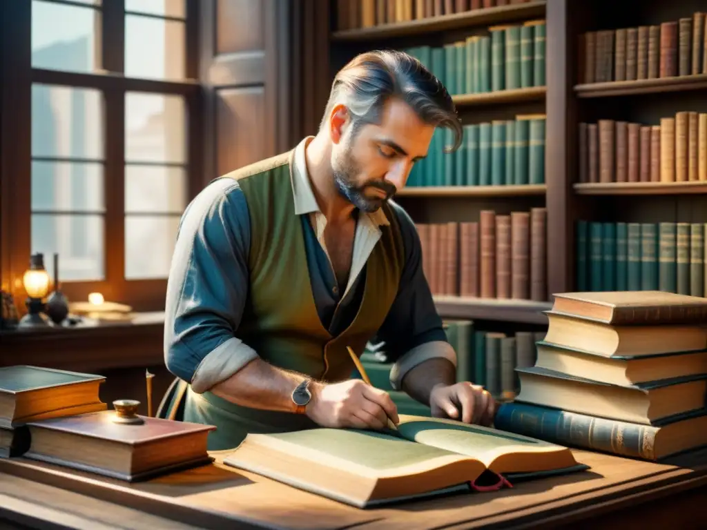 Un hábil restaurador de libros antiguos trabaja meticulosamente en una mesa de madera, rodeado de herramientas y estantes llenos de libros restaurados