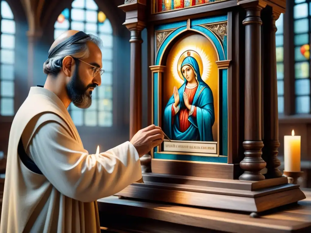 Hábiles artesanos restaurando iconografía religiosa en antiguo altar de madera: una escena de recuperación llena de historia y devoción