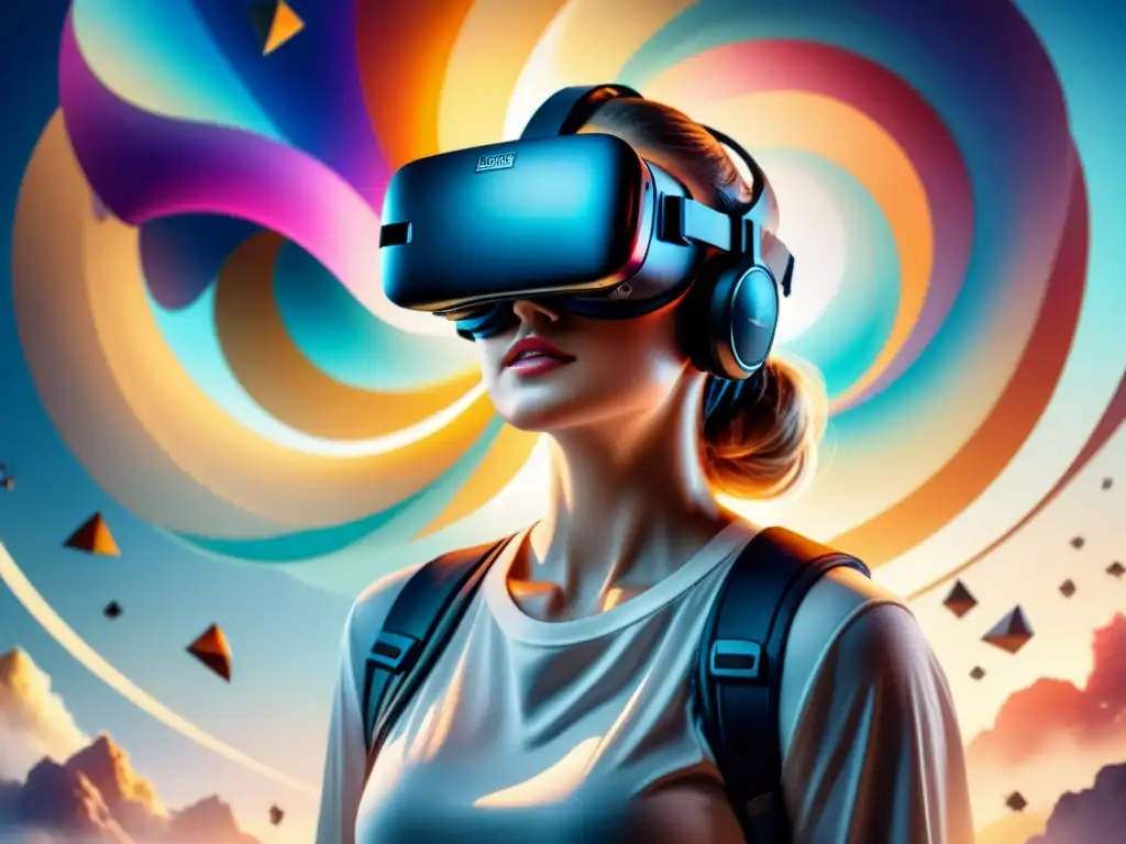 Un headset de realidad virtual rodeado de formas abstractas coloridas en acuarela, capturando la esencia de experiencias de arte visual inmersivas en un ambiente onírico y etéreo