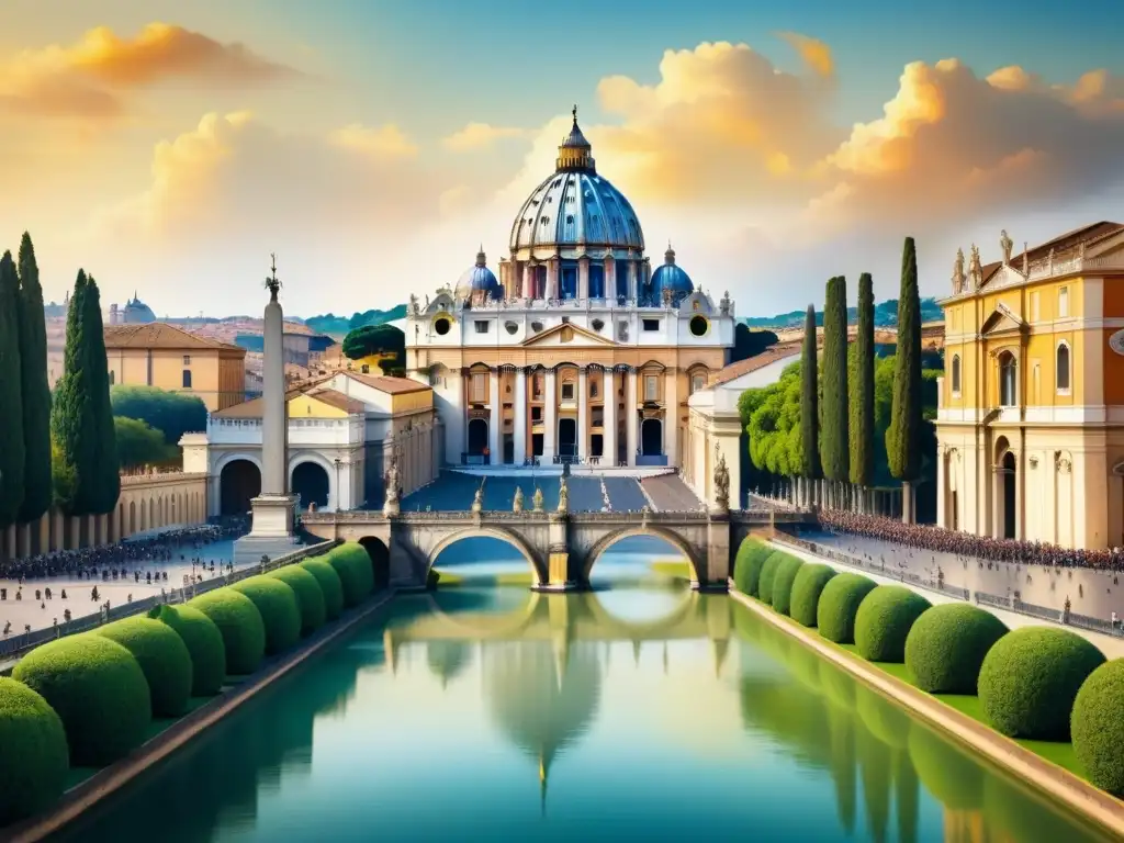 Una hermosa acuarela del icónico Vaticano, destacando la Basílica de San Pedro y los Museos Vaticanos