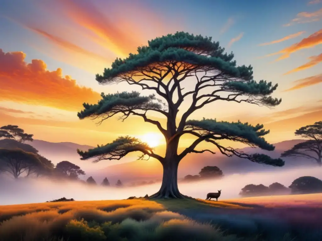 Una hermosa pintura acuarela de un atardecer sereno con la silueta de un árbol solitario, que evoca tranquilidad y contemplación