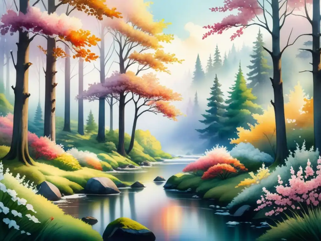 Una hermosa pintura acuarela que muestra las cuatro estaciones en un bosque exuberante, con detalles detallados de primavera, verano, otoño e invierno