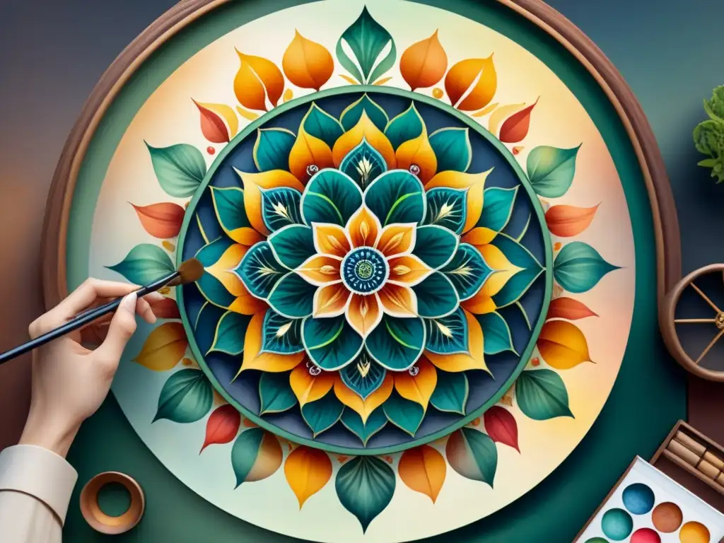 Una hermosa pintura acuarela de un mandala cautivador, con patrones geométricos intrincados y colores vibrantes, que refleja armonía y concentración