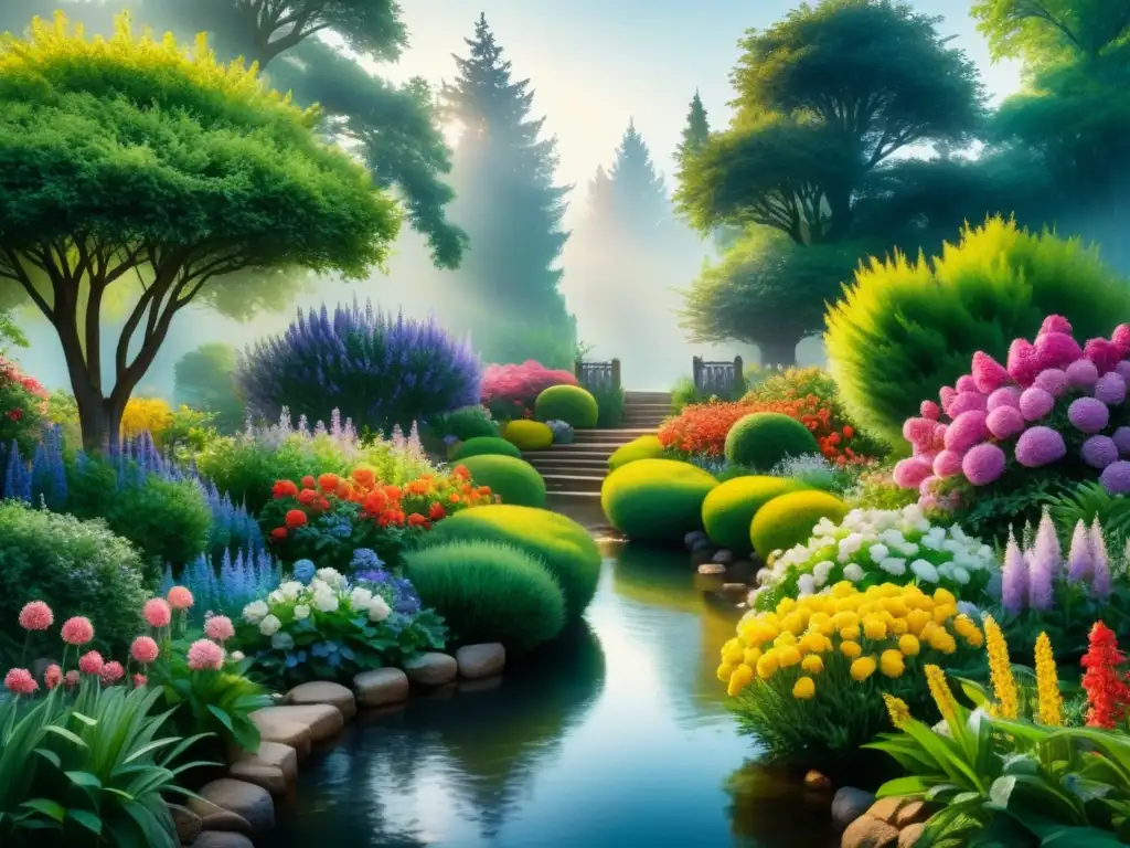 Una hermosa pintura acuarela de un jardín sereno y colorido con flores en flor