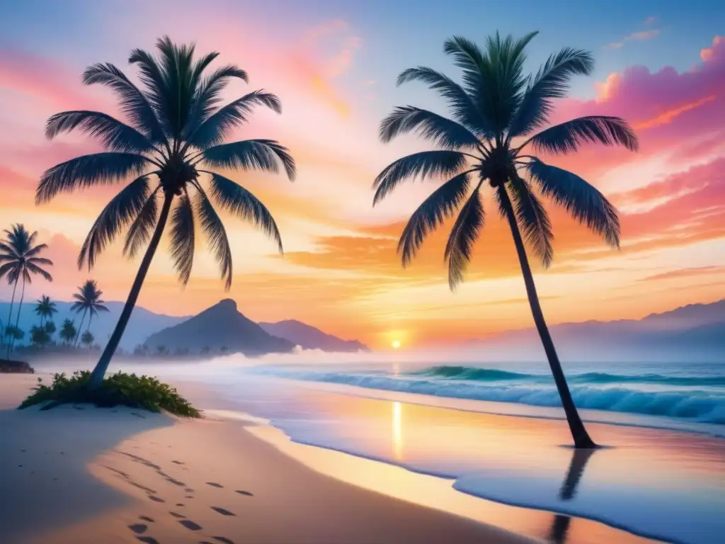 Una hermosa pintura acuarela de un sereno atardecer en la playa, con palmeras silueteadas en el cielo naranja y rosa, reflejando armonía y paz