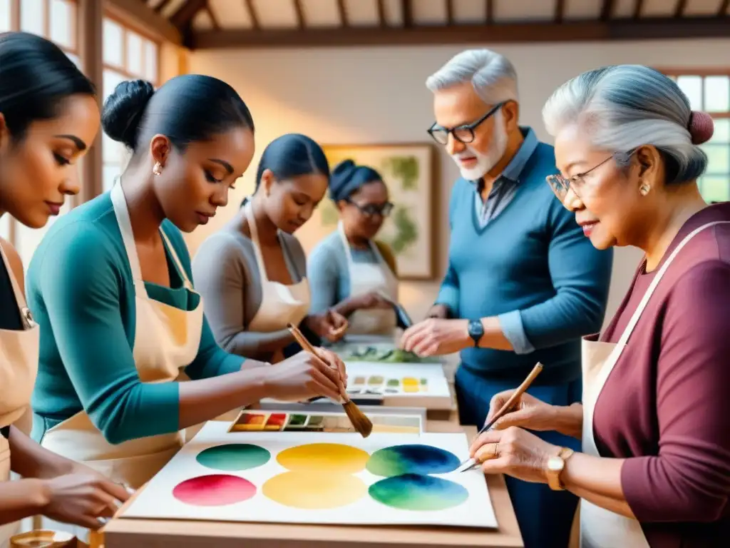 Una hermosa pintura acuarela muestra un taller de arte inclusivo, fomentando el diálogo intergeneracional en arte