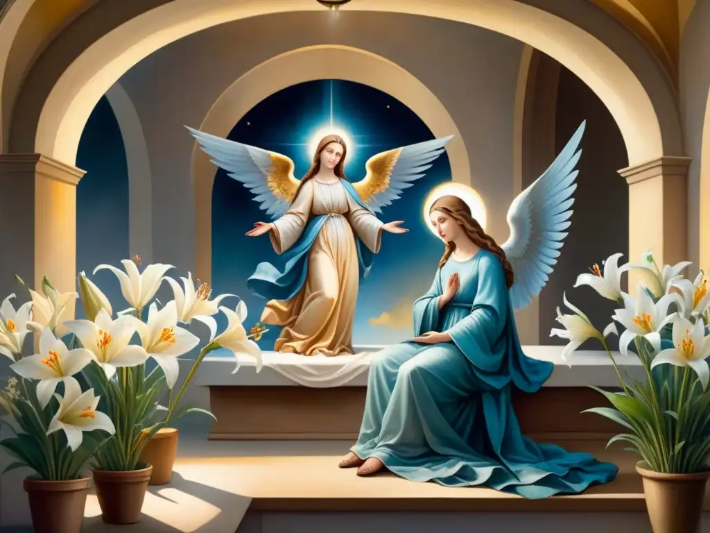 Una hermosa pintura de la Anunciación con la Virgen María y el ángel Gabriel en una escena serena