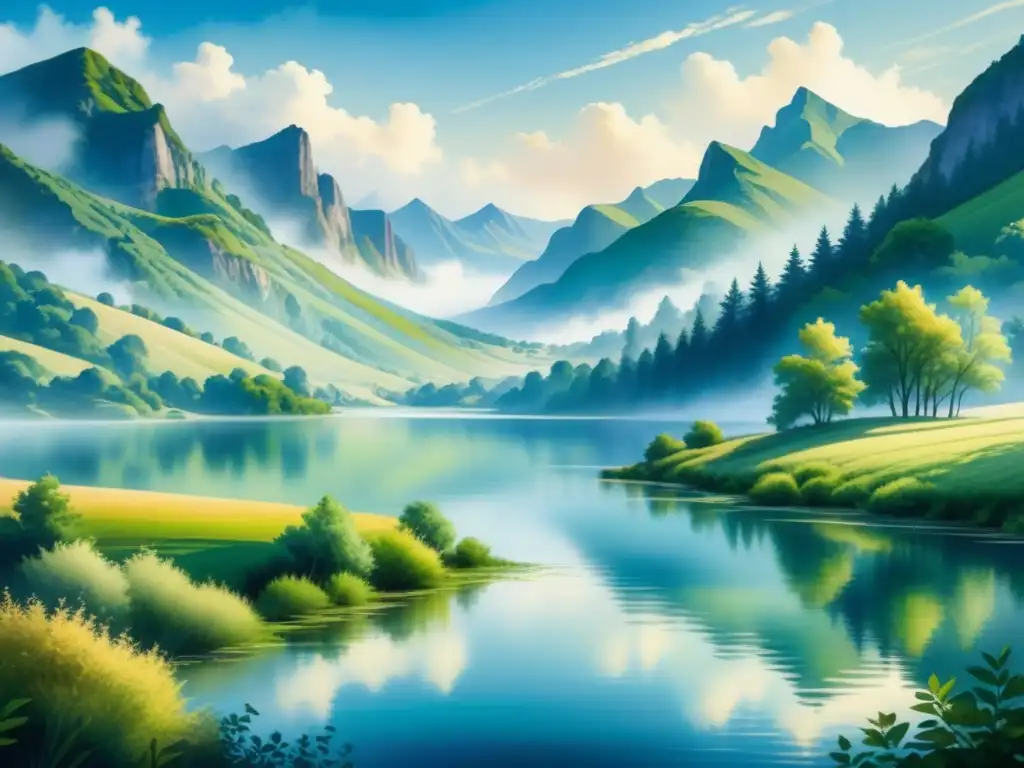 Una hermosa pintura acuarela de paisaje sereno con colinas, vegetación exuberante y lago tranquilo reflejando el cielo azul