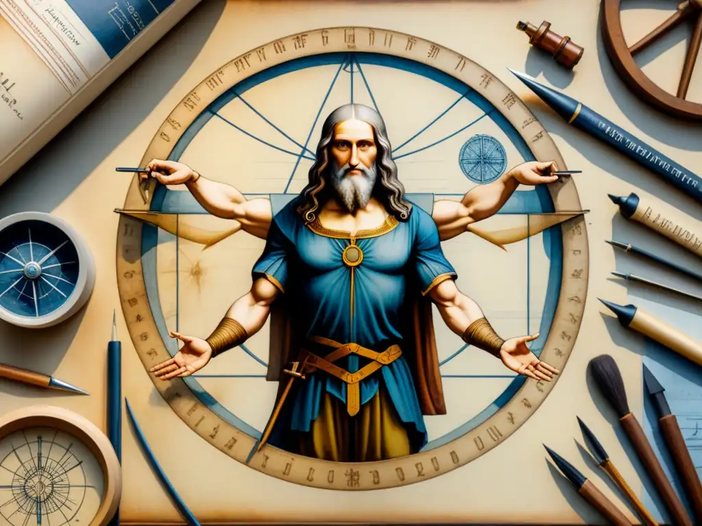 Leonardo da Vinci y el Hombre de Vitruvio: Armonía en acuarela Leonardo da Vinci dibuja el Hombre de Vitruvio proporción perfecta entre planos y herramientas de medición, en acuarela detallada