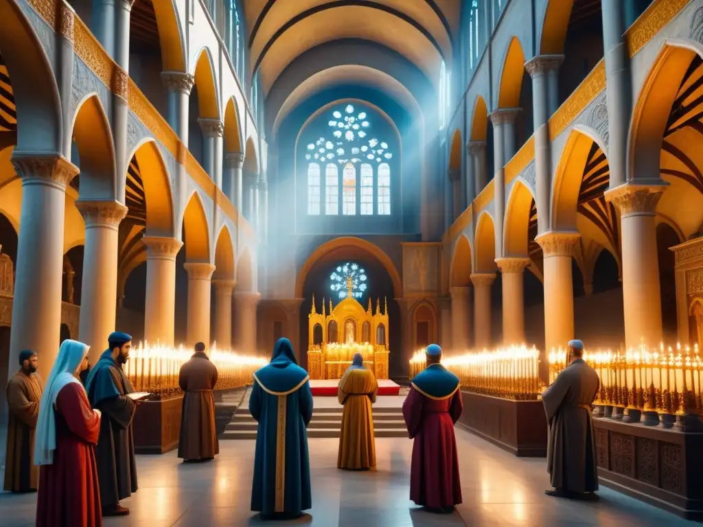 Veneración de iconos en arte bizantino medieval en catedral iluminada