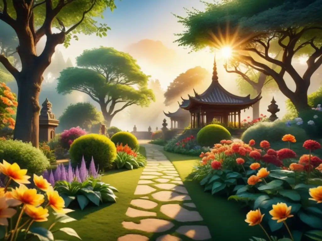 Jardín radiante: acuarela detallada iluminada por el sol Un jardín renacentista iluminado por el sol, lleno de flores y esculturas detalladas, que juegan con luz y sombra