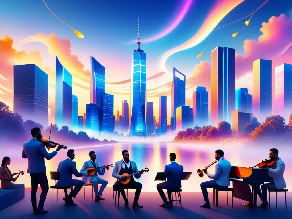 Una ilustración acuarela detalla una ciudad futurista al atardecer, con músicos creando música visual entre rascacielos iluminados por luces de neón