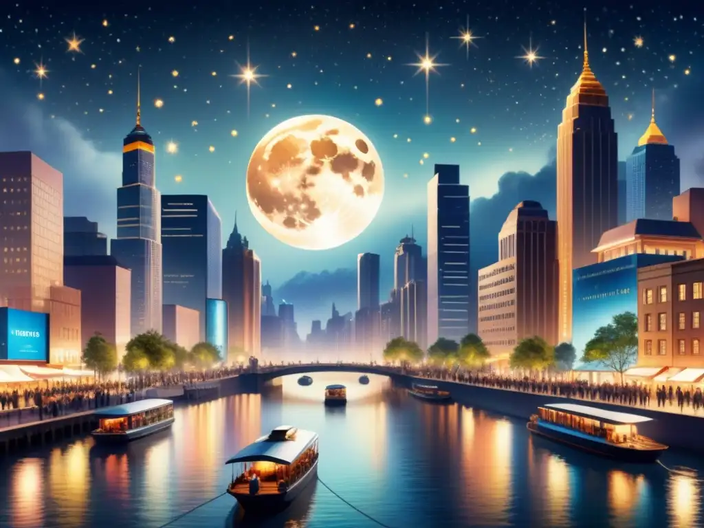 Cityscape nocturno: luces vibrantes y bullicio urbano Una ilustración detallada en acuarela de una bulliciosa ciudad de noche, con luces vibrantes iluminando rascacielos y reflejándose en un río brillante