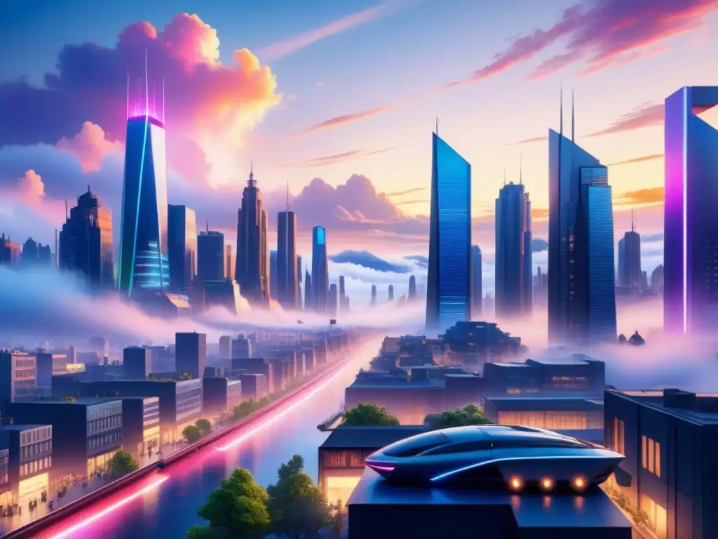 Una ilustración detallada en acuarela de una ciudad futurista al atardecer