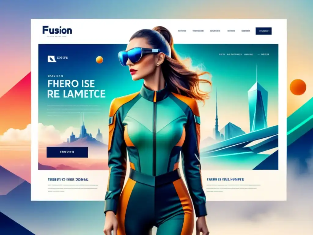 Una ilustración detallada en acuarela de un diseño web futurista que fusiona el modernismo en diseño web digital con elementos de arte moderno