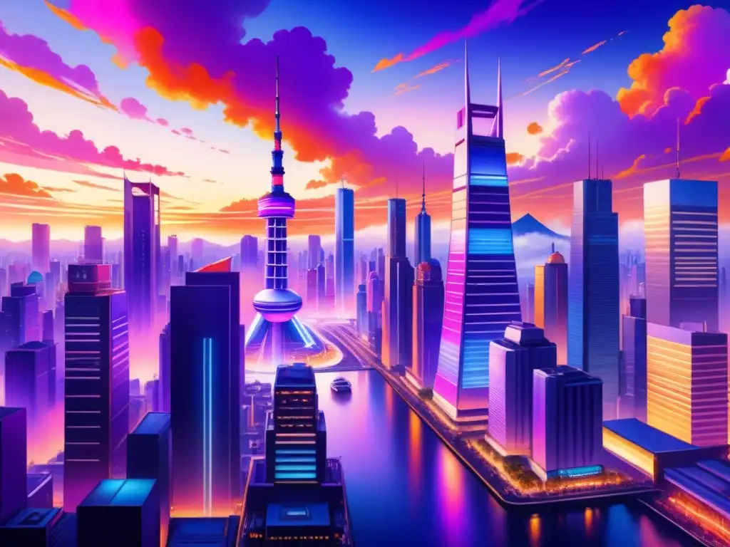 Una ilustración detallada en acuarela de una escena futurista de una ciudad japonesa con técnicas de animación japonesa