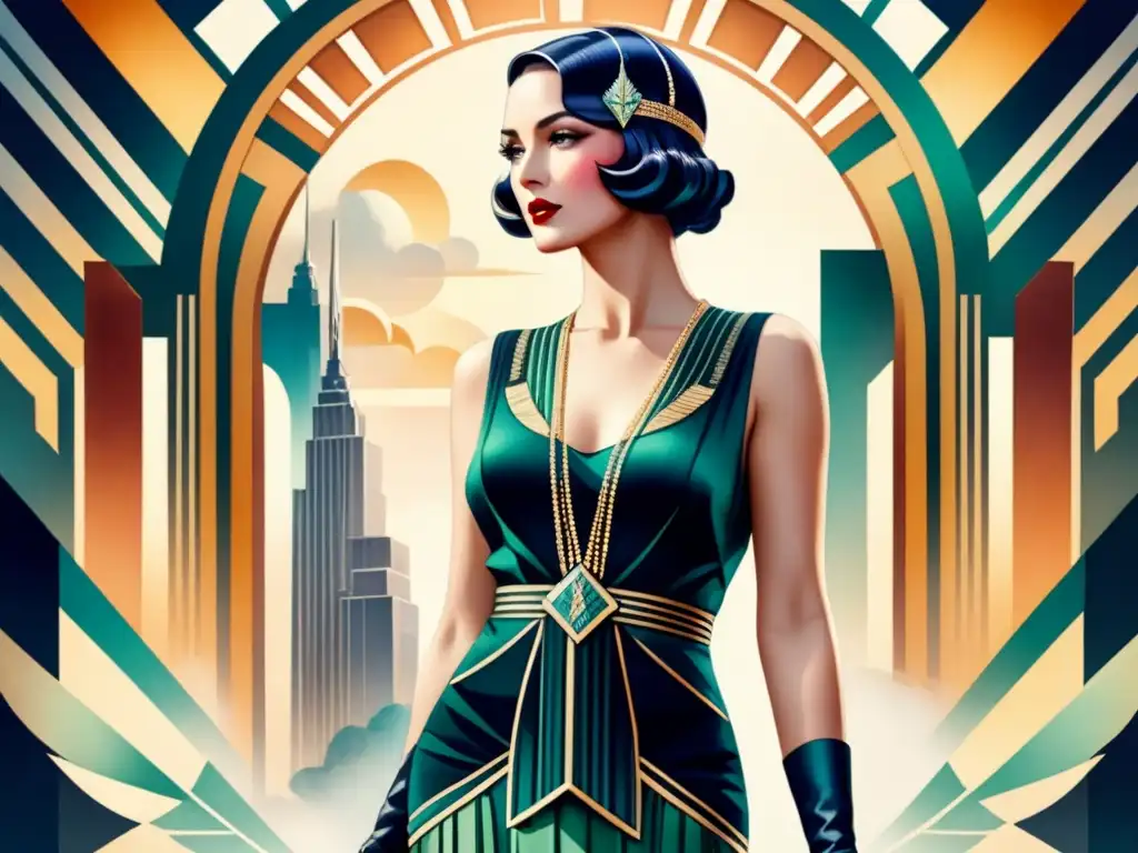 Una ilustración detallada en acuarela que captura la esencia del diseño Art Deco con patrones geométricos, líneas elegantes y colores llamativos