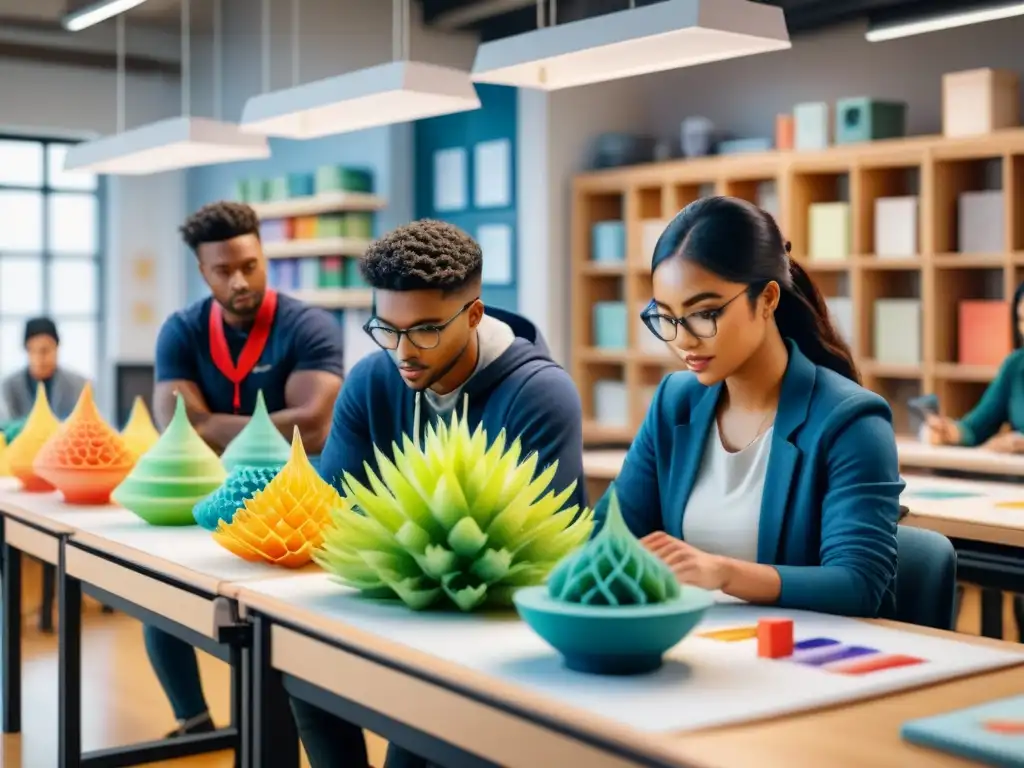 Una ilustración detallada en acuarela de estudiantes creando esculturas con impresoras 3D en un aula de arte vibrante