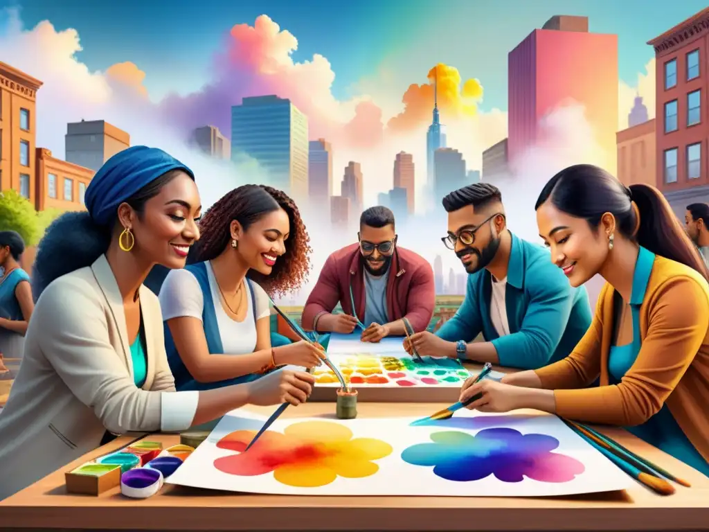 Una ilustración detallada en acuarela de un grupo diverso de personas de diferentes culturas, edades y géneros creando arte juntas en un proyecto de arte comunitario inclusivo y vibrante