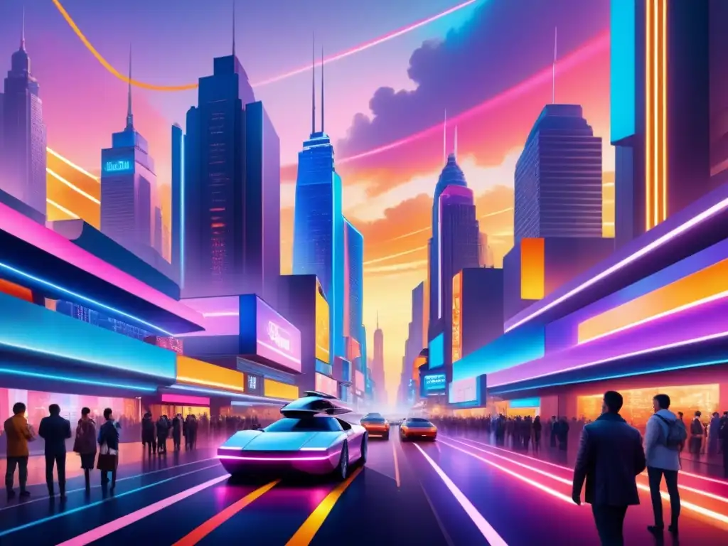 Una ilustración detallada en acuarela de un paisaje urbano futurista donde luces neón reflejan en edificios metálicos al anochecer