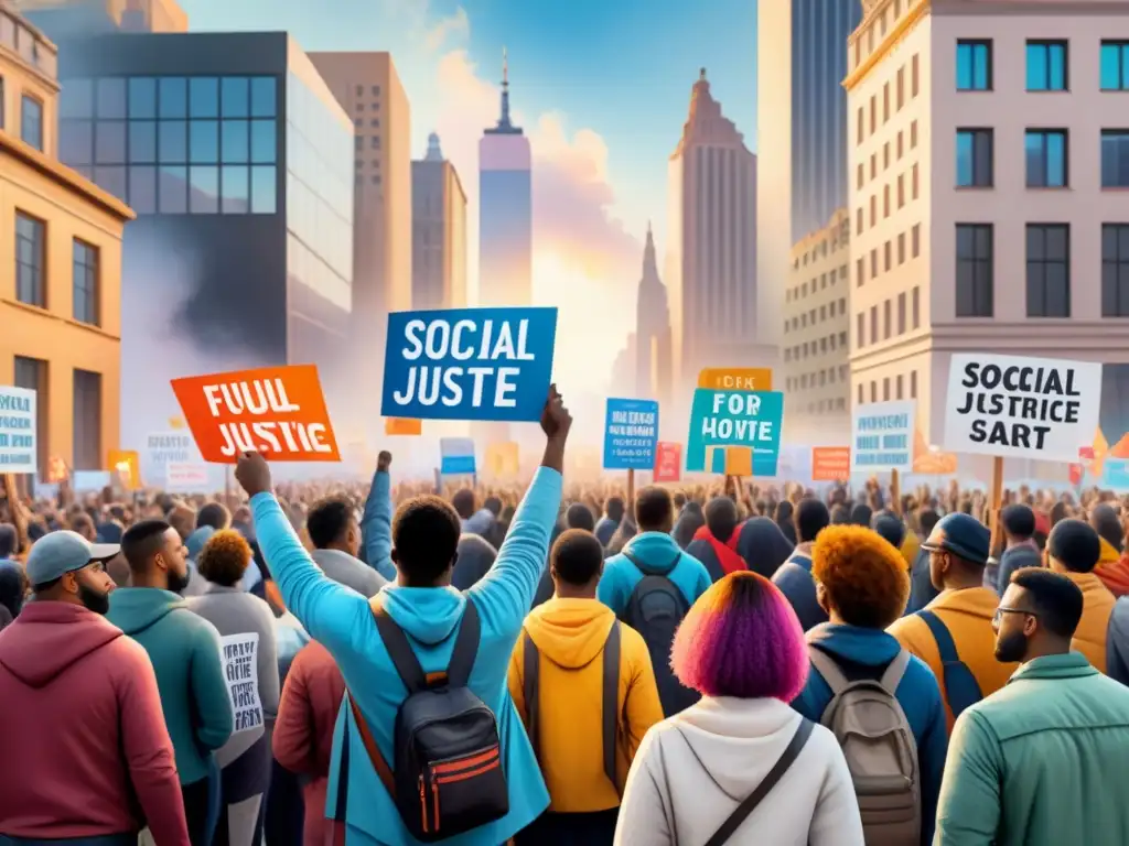 Una ilustración detallada en acuarela que muestra un paisaje urbano vibrante con personas diversas participando en protestas pacíficas, sosteniendo carteles coloridos con mensajes poderosos a favor de la justicia social