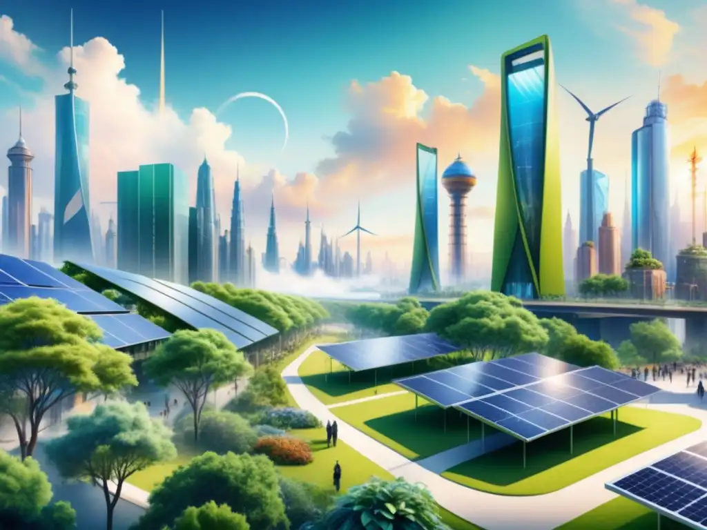 Una ilustración detallada en acuarela de un paisaje urbano futurista, fusionado con vegetación exuberante y proyectos sonoros arte sostenibilidad