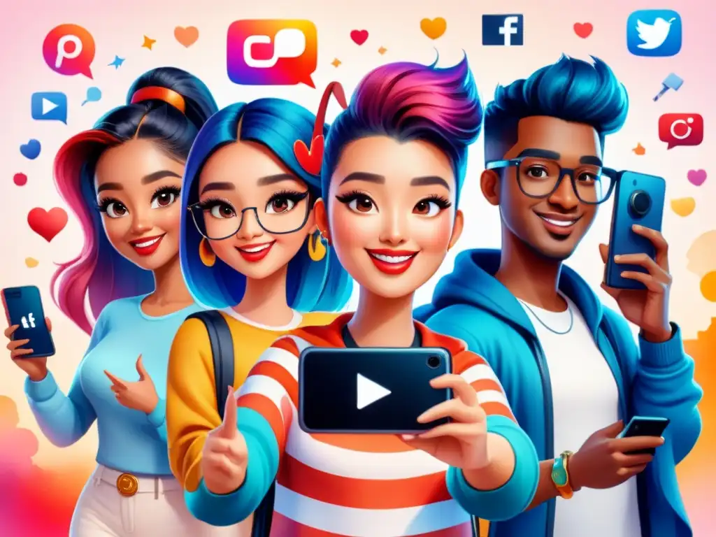 Una ilustración detallada en acuarela de personajes animados interactuando en redes sociales como TikTok e Instagram