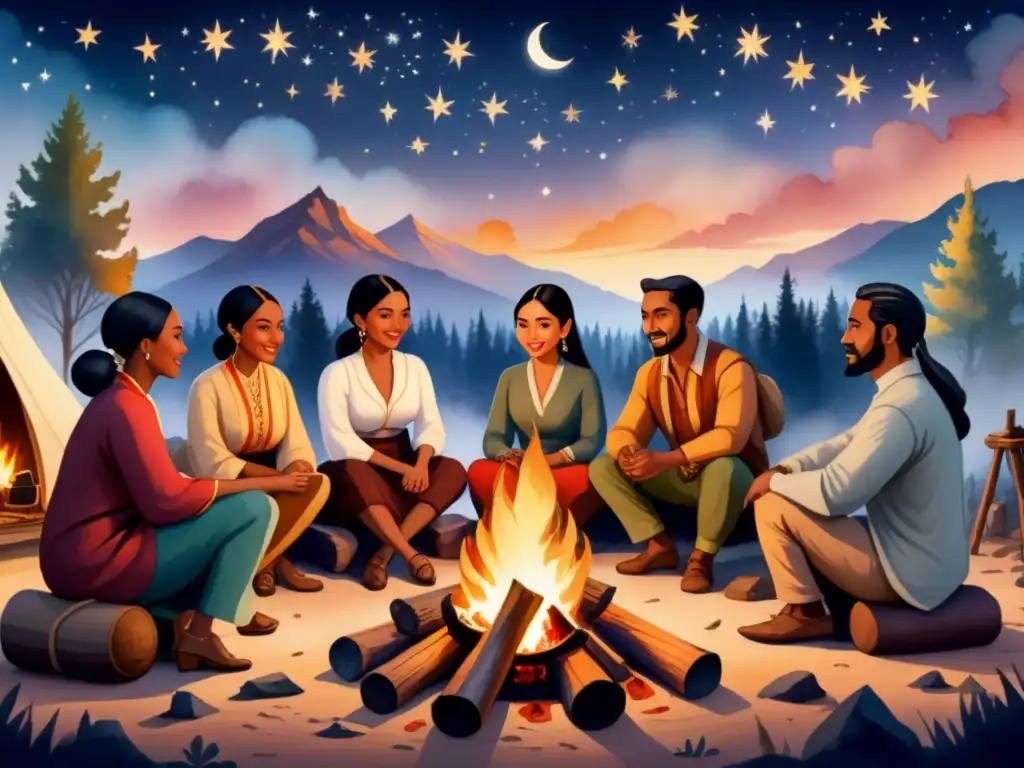 Una ilustración detallada en acuarela que muestra a personas de diversas culturas y épocas históricas reunidas alrededor de una hoguera bajo un cielo estrellado