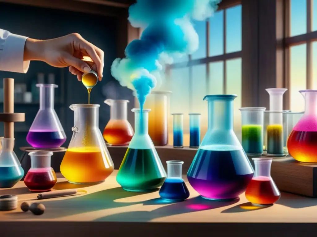 Transformación de pigmentos: descubre el color mágico Una ilustración detallada en acuarela de pigmentos termocrómicos y foto cromáticos en un entorno científico con colores cambiantes