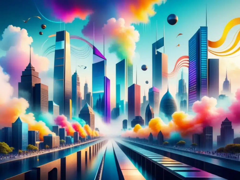 Una ilustración acuarela detallada de una ciudad futurista con edificios altos y ondas de sonido coloridas, notas musicales flotando en el aire