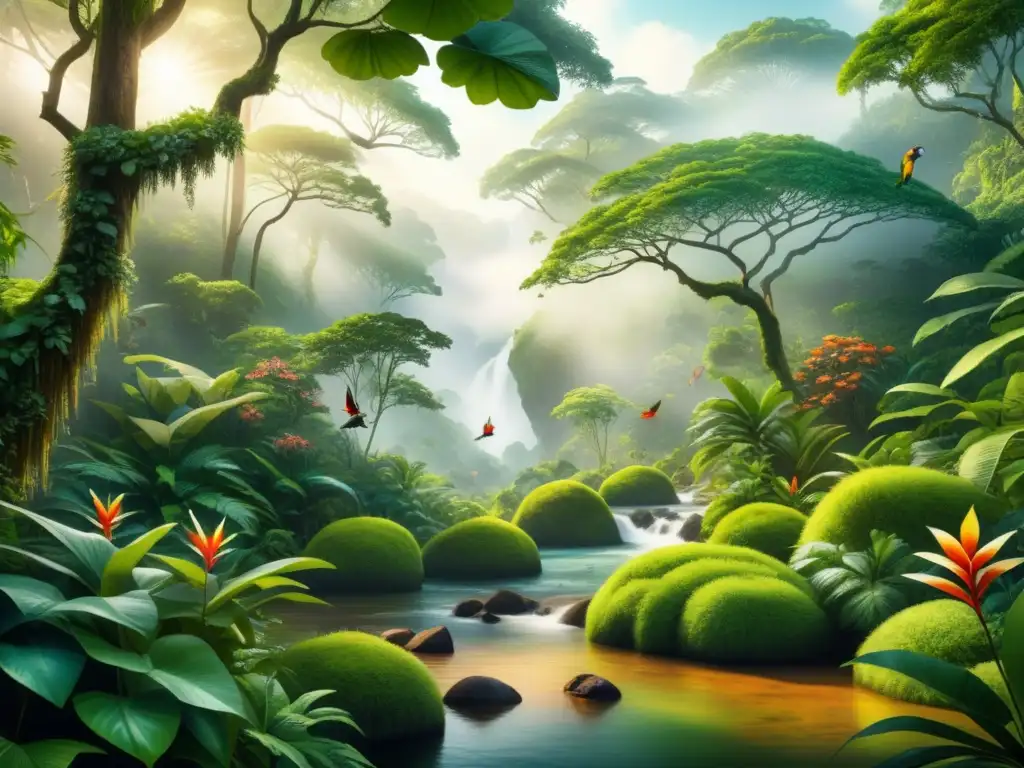 Una ilustración digital detallada de una exuberante selva tropical llena de vida