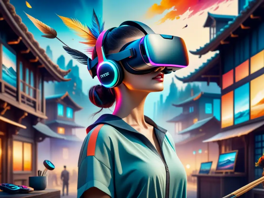 Una ilustración acuarela detalla la fusión de Realidad Virtual con herramientas artísticas tradicionales, creando un puente entre tecnología y arte clásico