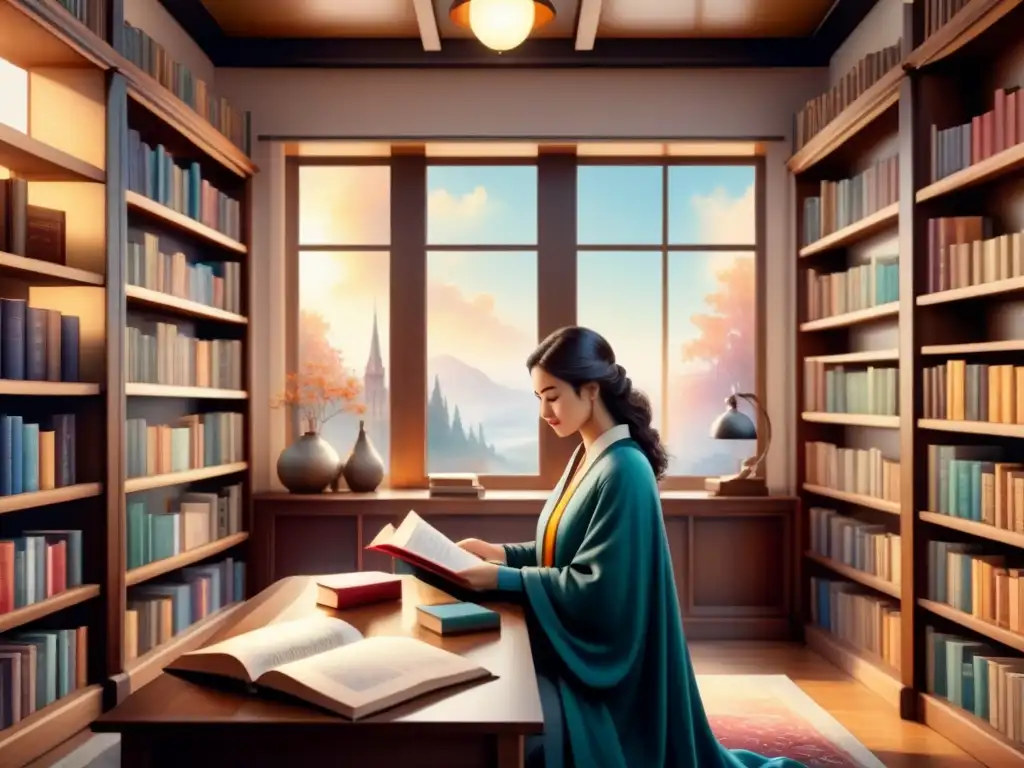 Un ilustrador meditando entre arte visual y literatura en una biblioteca serena