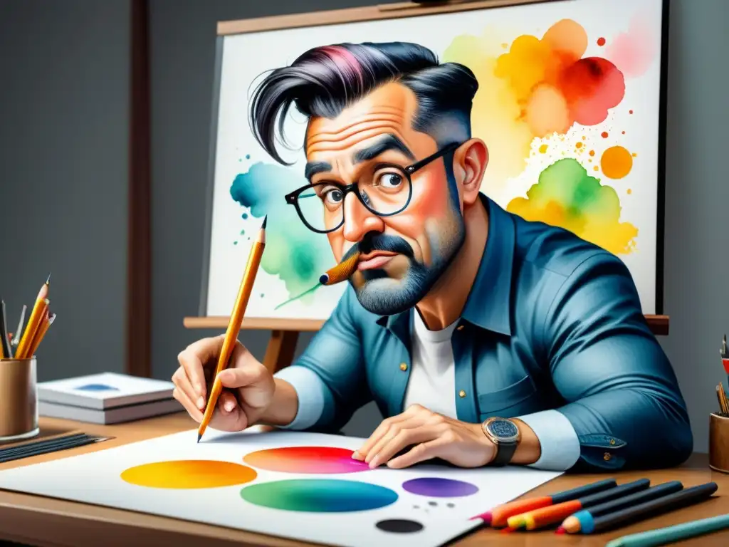 Un ilustrador de caricaturas crea con técnicas de caricatura en arte, destacando la exageración y expresión en sus dibujos